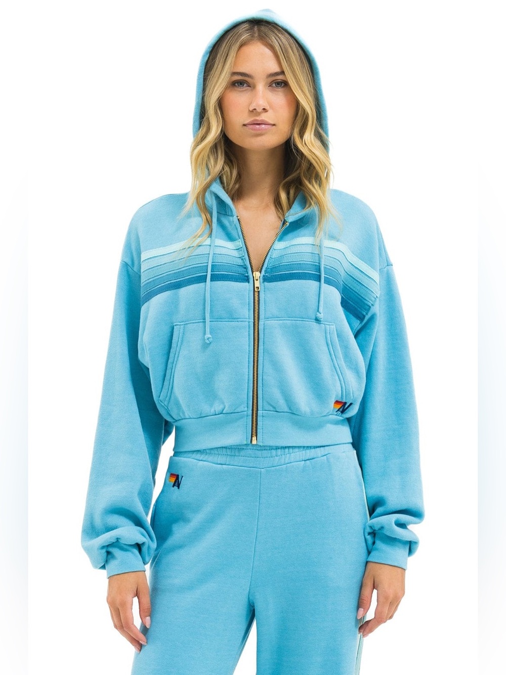 Aviator Nation 5 Stripe Cropped Zip Hoodie Relaxed Aqua Women’s Large L NWT